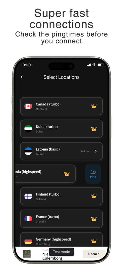 Keepm Secure - Pantalla de selección de servidor VPN Keepm Secure con velocidades de conexión