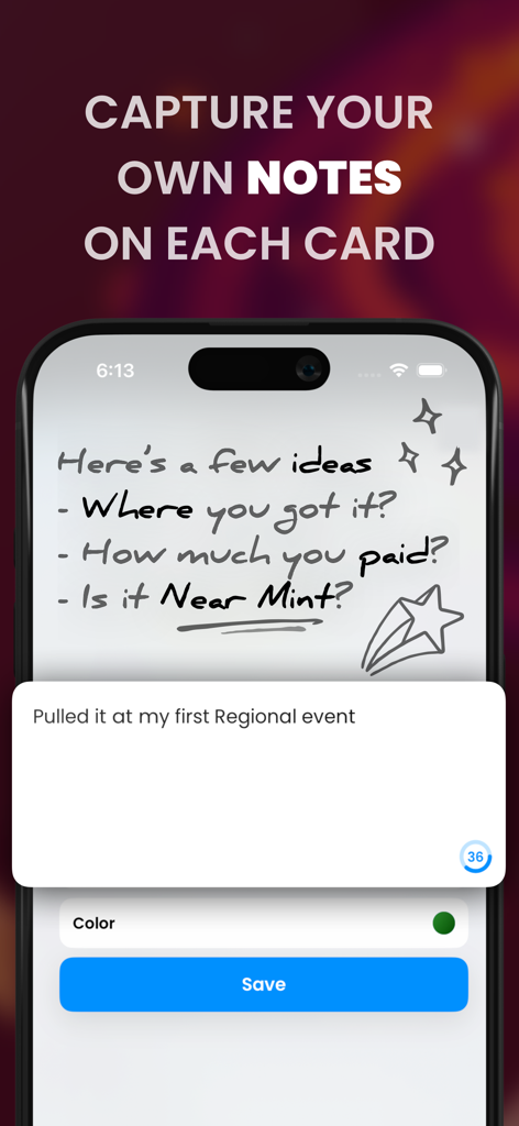 Interface do aplicativo móvel mostrando uma seção de notas personalizadas para rastrear detalhes de cartas Pokémon, como condição e origem.