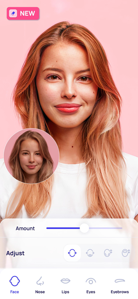 Photo Eraser - Remove Objects - Oberfläche der KI-Gesichtsretusche, die einen Vorher-Nachher-Porträtvergleich mit Werkzeugen zur Bearbeitung von Gesichtsmerkmalen zeigt.