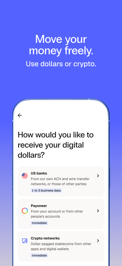 Bitso: Save and invest easily - Tela do aplicativo Bitso mostrando opções para receber dólares digitais através de bancos dos EUA, Payoneer ou redes cripto