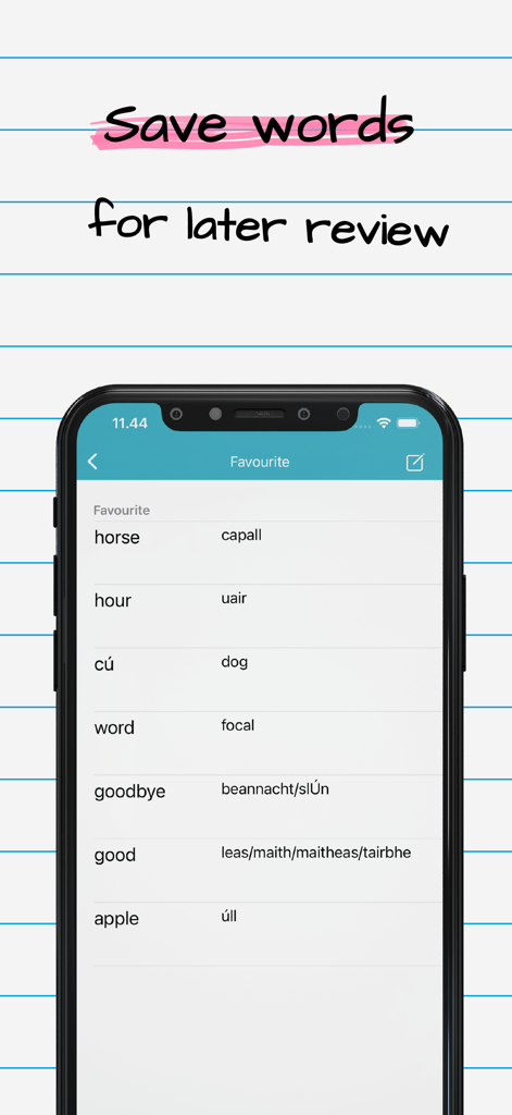 A mobile interface from the Irish English Dictionary app showing a list of saved favorite words and their translations.