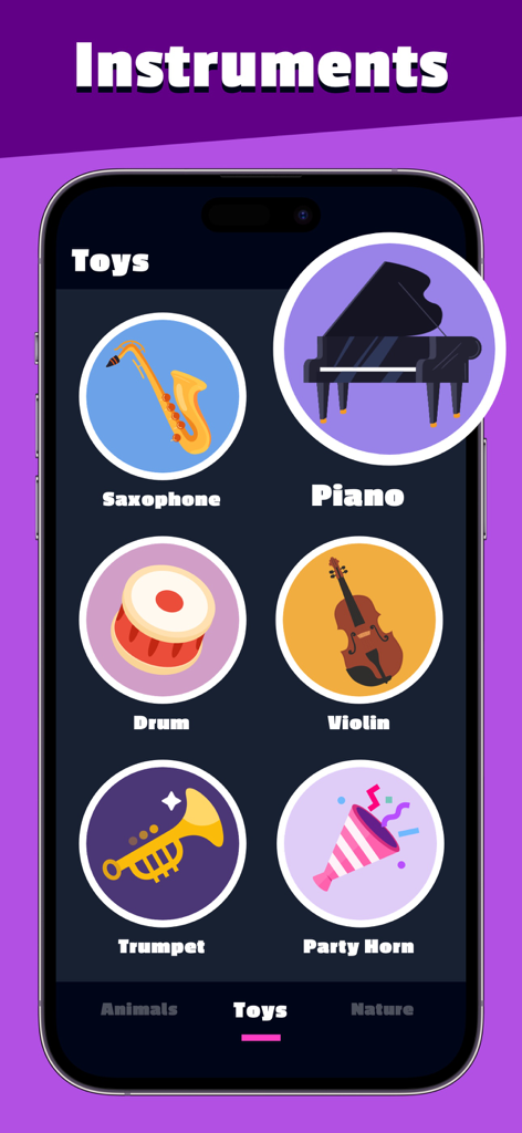 A smartphone displaying a variety of musical instrument icons like piano saxophone and drum in the toys category of the Animal Sounds and Noise Maker app