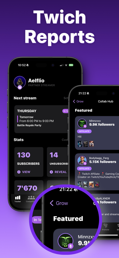 Stream Tracker for Twitch Live - Stream Tracker for Twitch Live app showing streamer analytics and collaboration hub