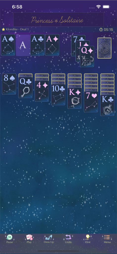 Princess*Solitaire: Cute Games - Gameplay screen of Princess Solitaire showing Klondike card game with a starry night aesthetic and cute illustrated cards.