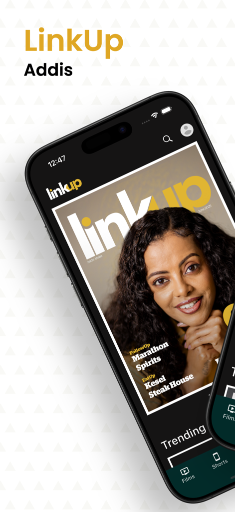 LinkUp Addis mobile app interface showing a digital lifestyle magazine cover and trending events