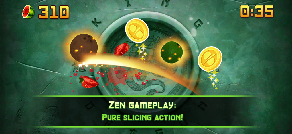 Fruit Ninja Classic - Fruit Ninja Classic Zen Mode gameplay showing fruit being sliced with a glowing blade trail
