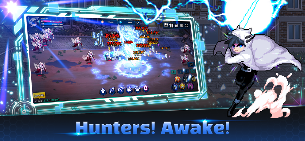 Hunter Raid: Idle RPG Games - Action-packed pixel art battle in Hunter Raid Idle RPG featuring energy effects and anime characters