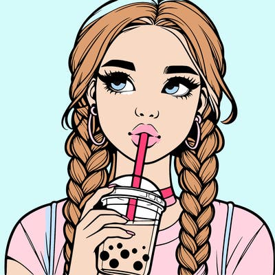 realistic girl with braided hair drinking boba