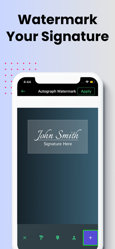 Water Mark Photo:Add Watermark - Interfaccia dell'app che mostra come aggiungere una filigrana di firma autografa personalizzata alle foto.