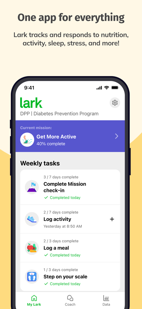 Lark Health - Lark Health app interface showing weekly tasks and health tracking for the Diabetes Prevention Program.