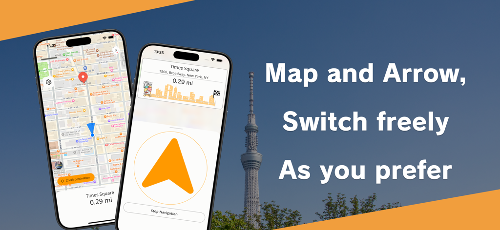Seeker: GPS Arrow navigator - Interface of Seeker GPS app showing side-by-side map and minimalist arrow navigation modes.
