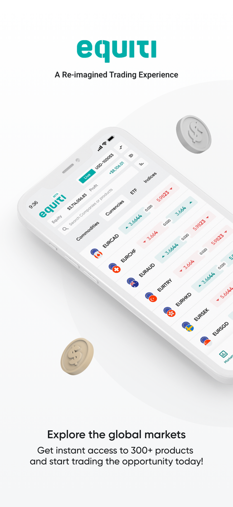 Equiti Trader mobile app interface showing global currency pairs and live market data on a smartphone