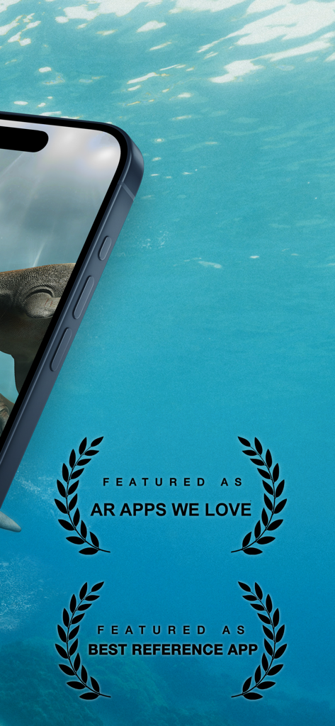 World of Dinosaurs - iPhone showing World of Dinosaurs app with awards for AR Apps We Love and Best Reference App