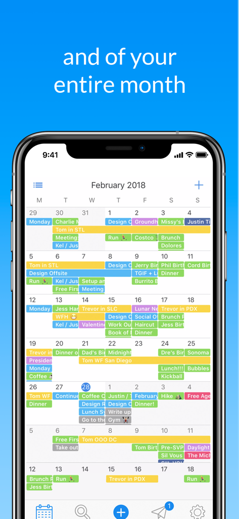 Ein iPhone-Bildschirm, der einen detaillierten Monatsplan mit verschiedenen farblich gekennzeichneten Ereignissen in der Kalender-App anzeigt.