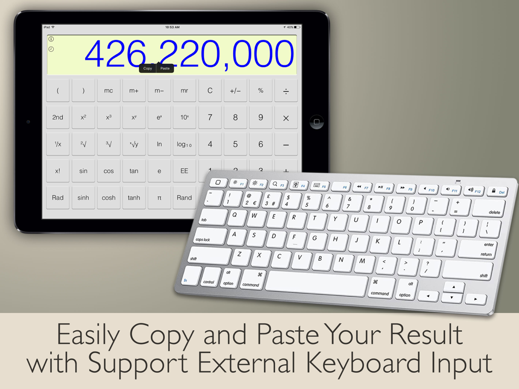 Scientific calculator app on iPad showing large numbers with an external wireless keyboard