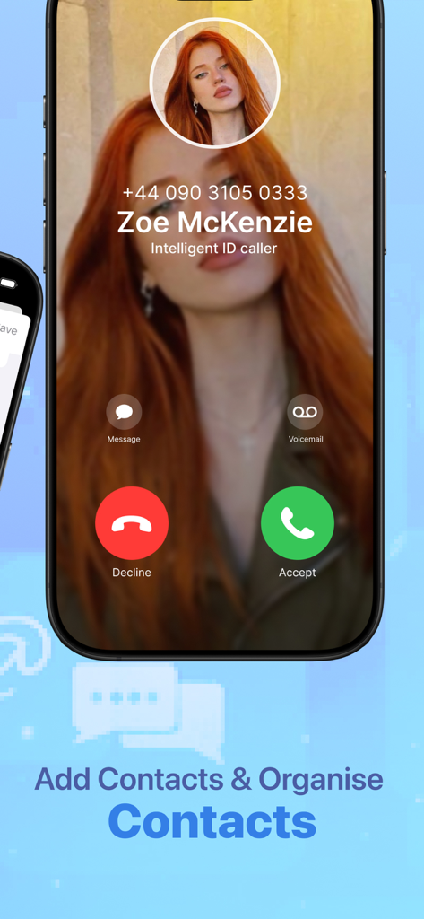 Pantalla de llamada entrante de New Contact Plus con identificación de llamadas y foto de perfil