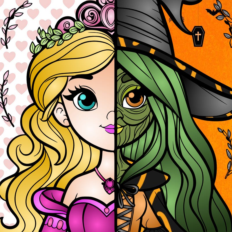 detailed realistic split of a princess and a witch