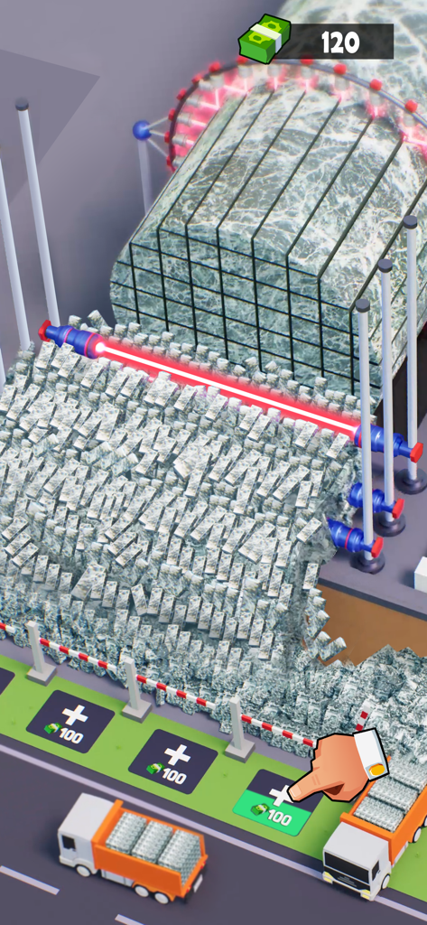 Gameplay screenshot of Idle Mafia showing a red laser slicing a large pile of cash to be loaded onto trucks
