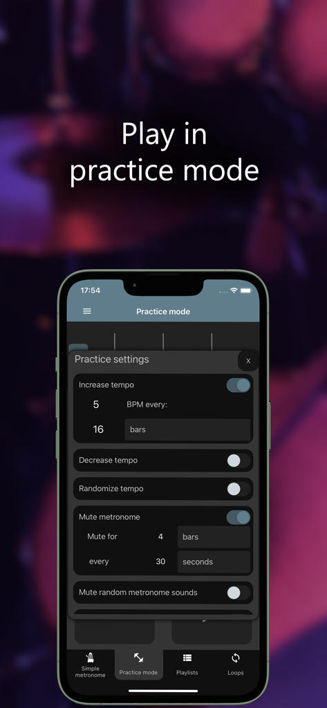 Camtronome - Pro Metronome - Smartphone screen displaying Camtronome practice mode settings for adjusting tempo and metronome mutes