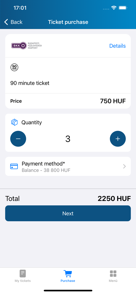 Schermata di acquisto biglietti nell'app Mobiljegy che mostra la selezione della quantità per il trasporto pubblico di Budapest