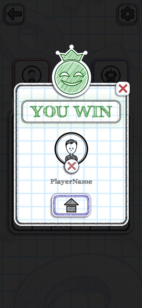 Pantalla de victoria en Tic Tac Toe 2 Online que muestra el mensaje 'Ganaste' y una cara sonriente coronada