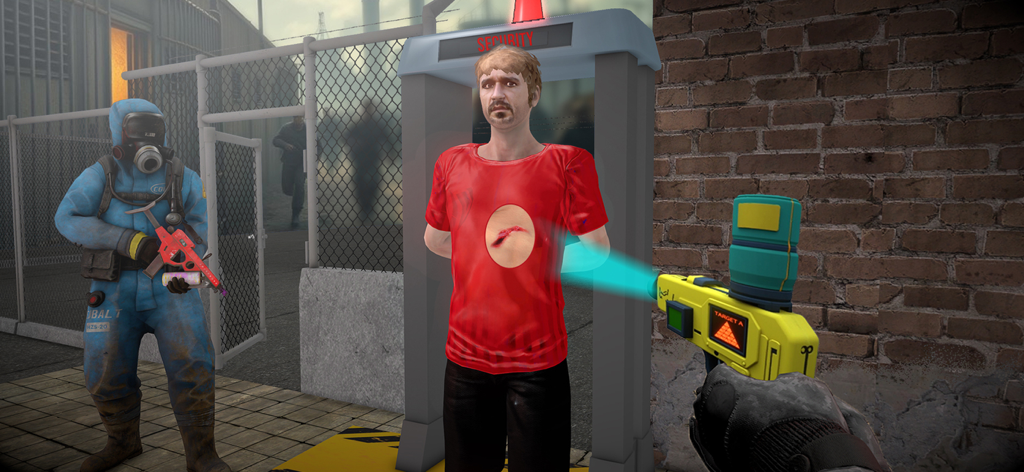 Zombie Virus Scan Zone Game - A player scanning a person for signs of infection at a security gate in the zombie virus scan zone game