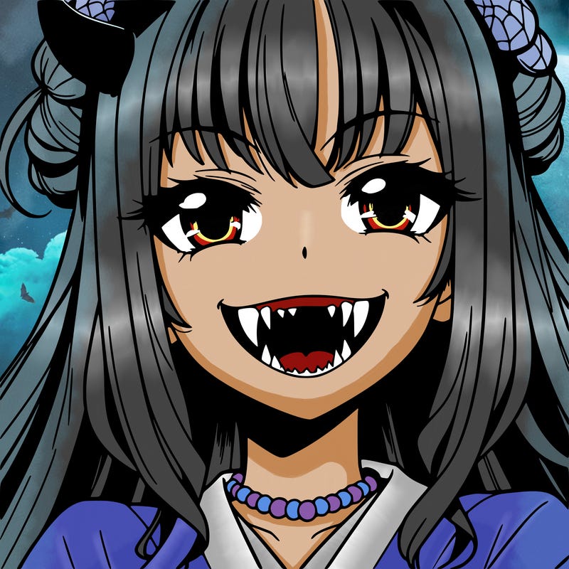 anime girl, vampire teeth,demon slayer themed, evil smile