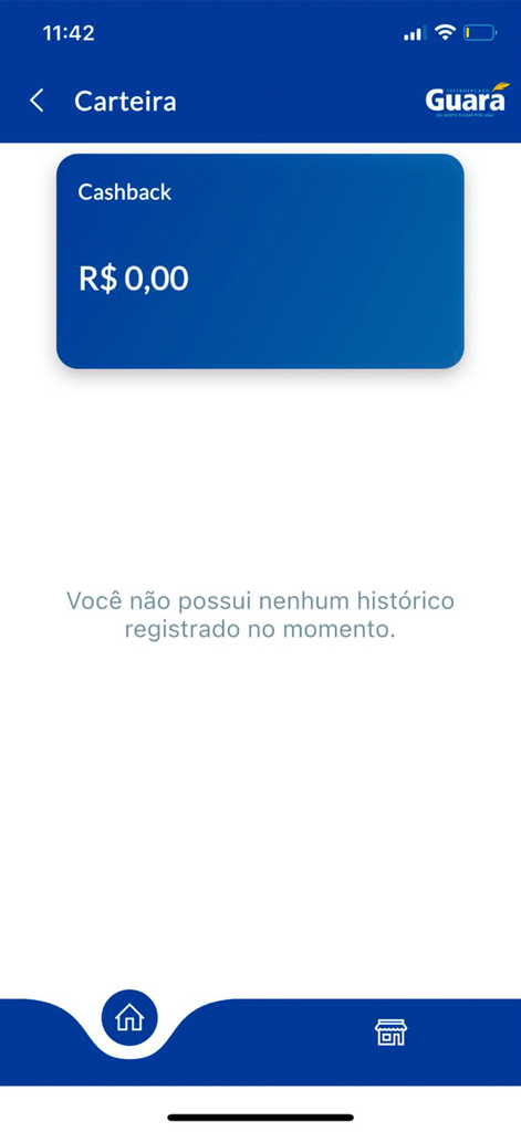 Supermercado Guará - Supermercado Guara app wallet screen showing a zero cashback balance