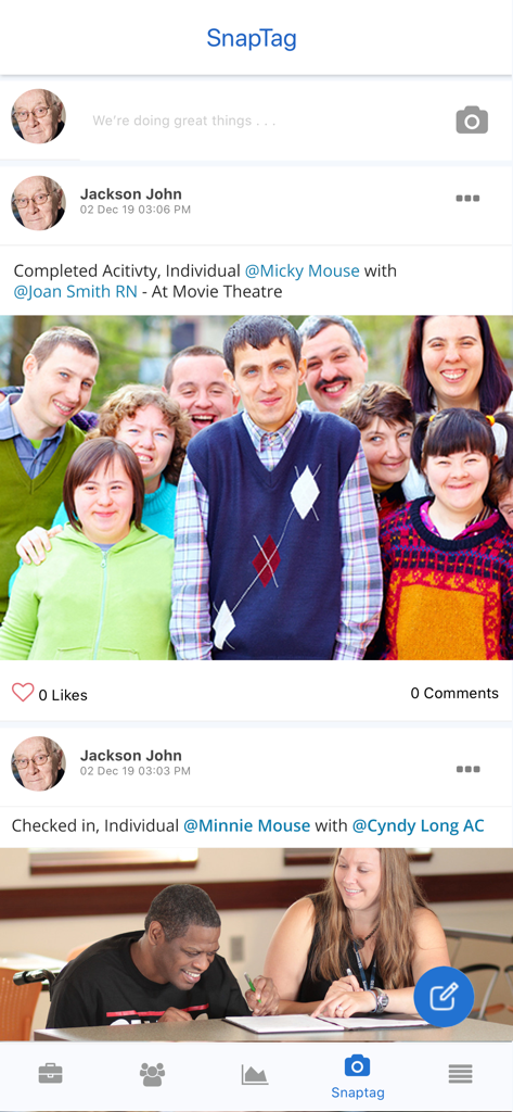Activity feed in the iCareManager app showing resident photos and care updates