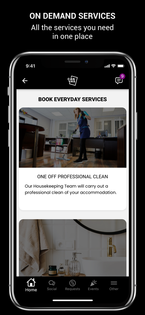Screenshot of My Canvas App showing on-demand services for residents to book a professional clean.