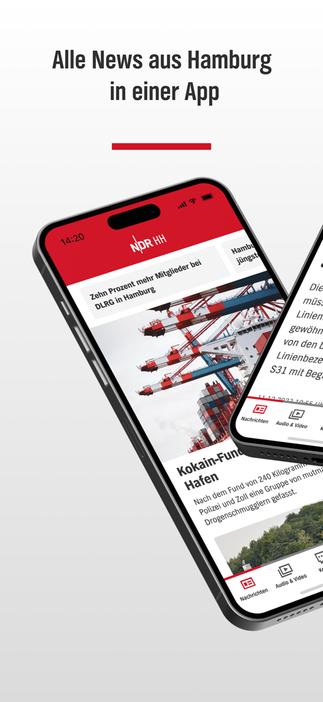 NDR Hamburg - Smartphone showing the NDR Hamburg app interface with local news headlines about Hamburg