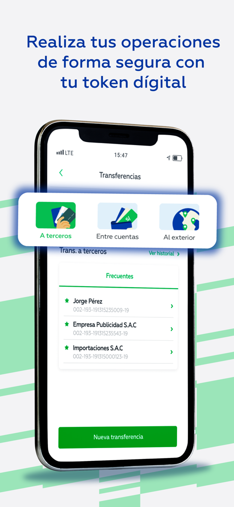 Un smartphone mostrando la pantalla de transferencia de la aplicación Interbank Empresas con opciones para pagos a terceros y internacionales.