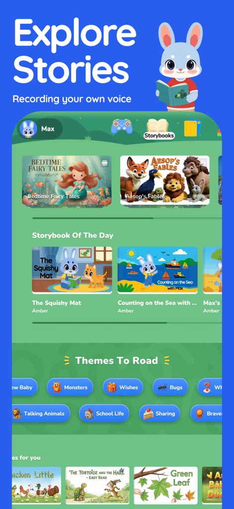 Giggle Academy - Play & Learn - La interfaz de Giggle Academy muestra una biblioteca de cuentos interactivos y temas educativos para niños.