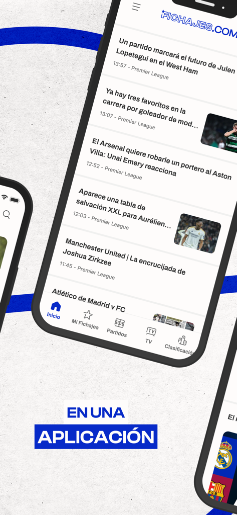 Interfaz de aplicación móvil que muestra titulares de noticias de fichajes de fútbol y rumores en español