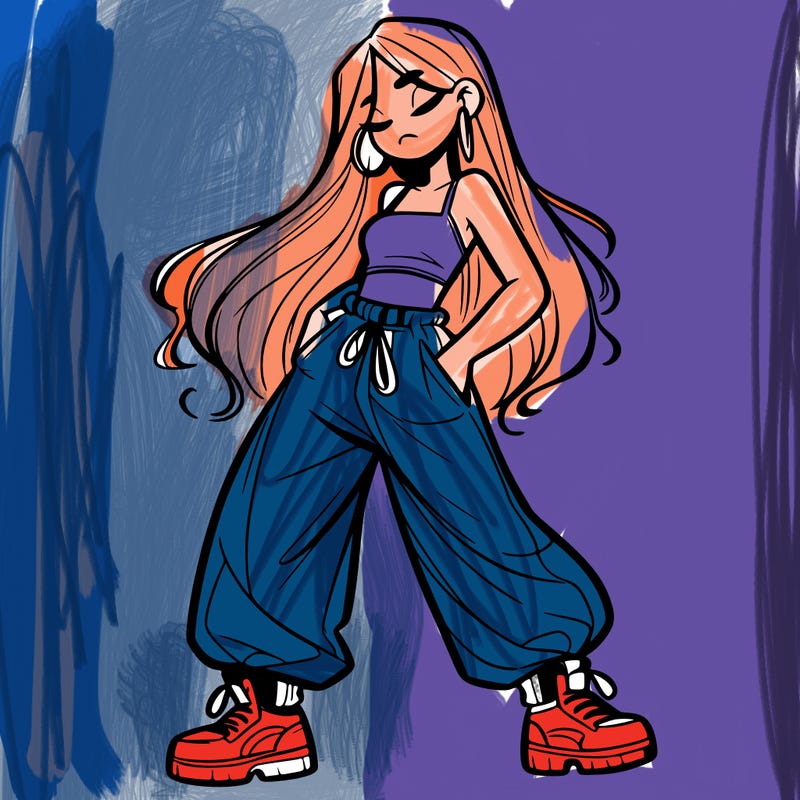 girl in baggy pants crop top and long hair