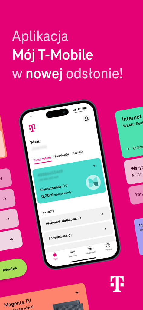 Smartphone screen displaying the Moj T-Mobile app dashboard for managing mobile and internet services