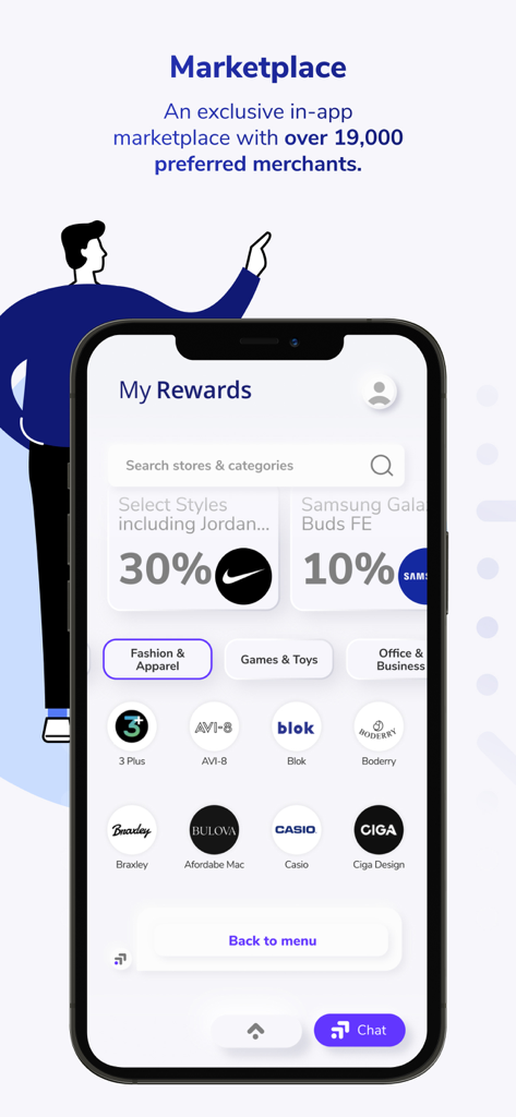 Pantalla del mercado de la aplicación My Rewards by Visa Loyalty mostrando descuentos de marcas y logotipos de comercios.