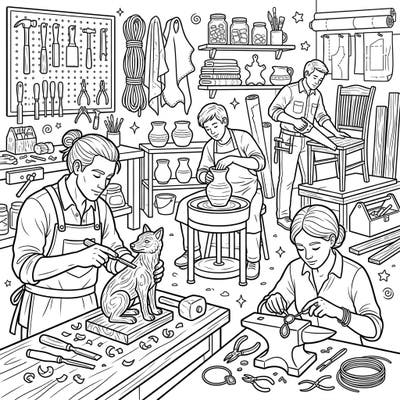 Explore the intricate world of skilled artisans with this detailed coloring page, showcasing craftsmen diligently creating masterpieces. Perfect for those who love creativity, handiwork, and bringing vibrant life to industrious scenes.