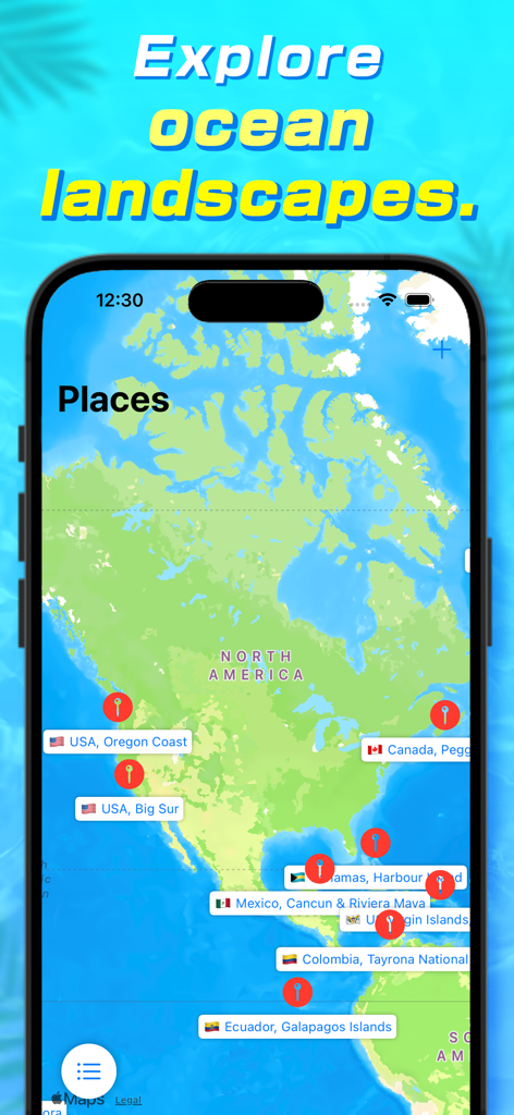 Whale: Video Chat & Adventure - Whale app map view showing pinned coastal destinations and ocean landscapes