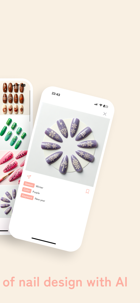 AI Nail Design - Hue - Smartphone montrant des designs d'ongles d'hiver violets générés par IA avec des motifs de flocons de neige.