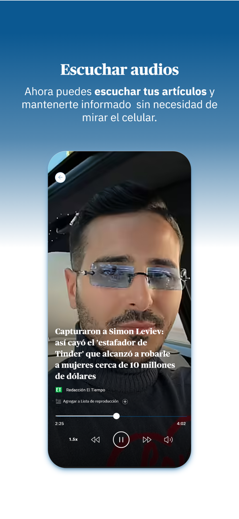 Periódico EL TIEMPO - Noticias - A smartphone screen showing the audio player interface for listening to news articles in the El Tiempo app