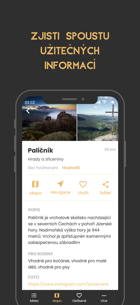 A mobile app screen showing detailed information, photos, and family-friendly tags for a scenic location called Palicnik in the Czech Republic.
