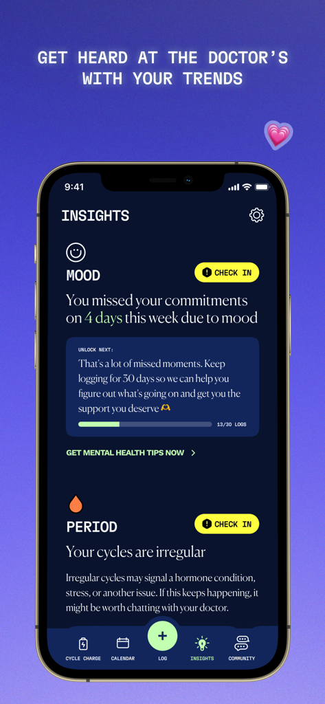 Aavia: Cycle Symptom Relief - Tela de smartphone mostrando insights do aplicativo Aavia para humor e ciclos menstruais para compartilhar com médicos.