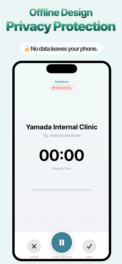 Interfaccia di registrazione di MediNote AI che evidenzia la privacy offline e la protezione dei dati