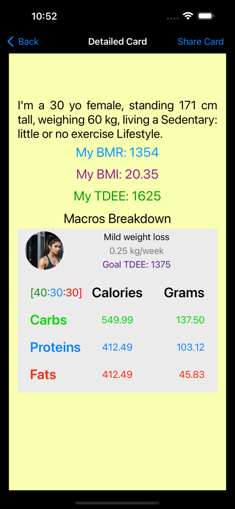 Detailed fitness report displaying BMR BMI TDEE calculations and a macro breakdown for mild weight loss goals