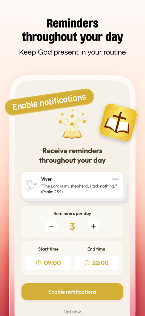 Tela do aplicativo Viven para configurar notificações e lembretes diários de versículos bíblicos