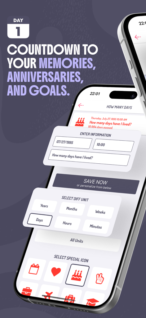 Creation screen in Day Counter app for setting up countdowns with custom units and icons
