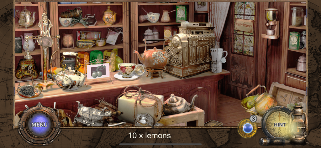 Around The World in 80 Days* - A detailed hidden object scene in a vintage tea shop featuring antique teapots and a golden cash register.
