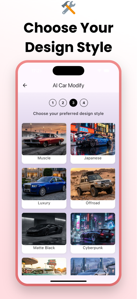 AI Car Design: Custom Maker - Ein Handy-App-Bildschirm, der verschiedene Autodesign-Stile zur Auswahl zeigt, wie Muscle, Japanisch, Luxus und Cyberpunk.