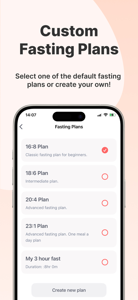 Water Fasting App - Easy Fast - Interface of Easy Fast app showing various intermittent fasting plans and the option to create a custom one